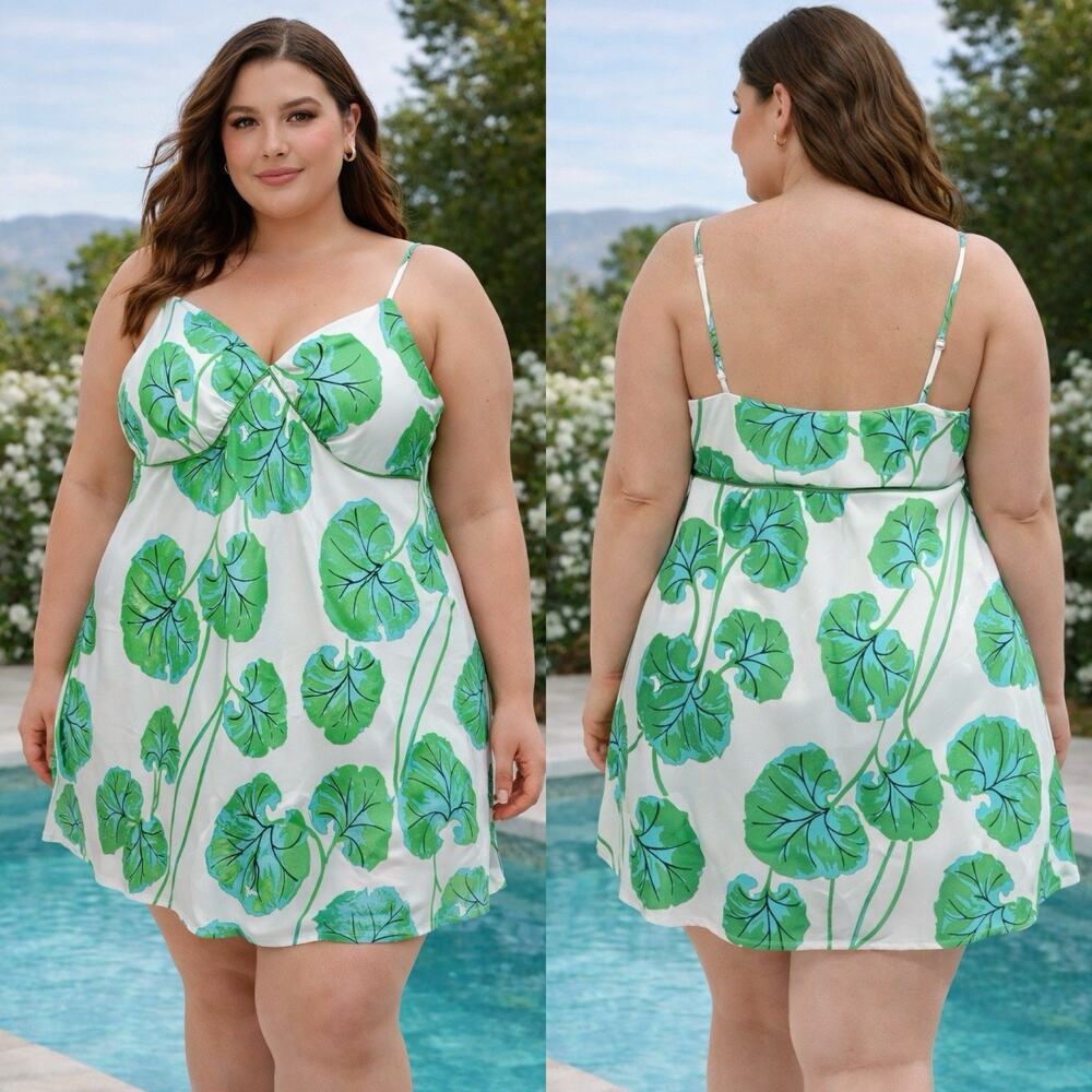 Diane Von Furstenberg For Target‎ Geranium Leaf Slip Dress Satin Green White XL
